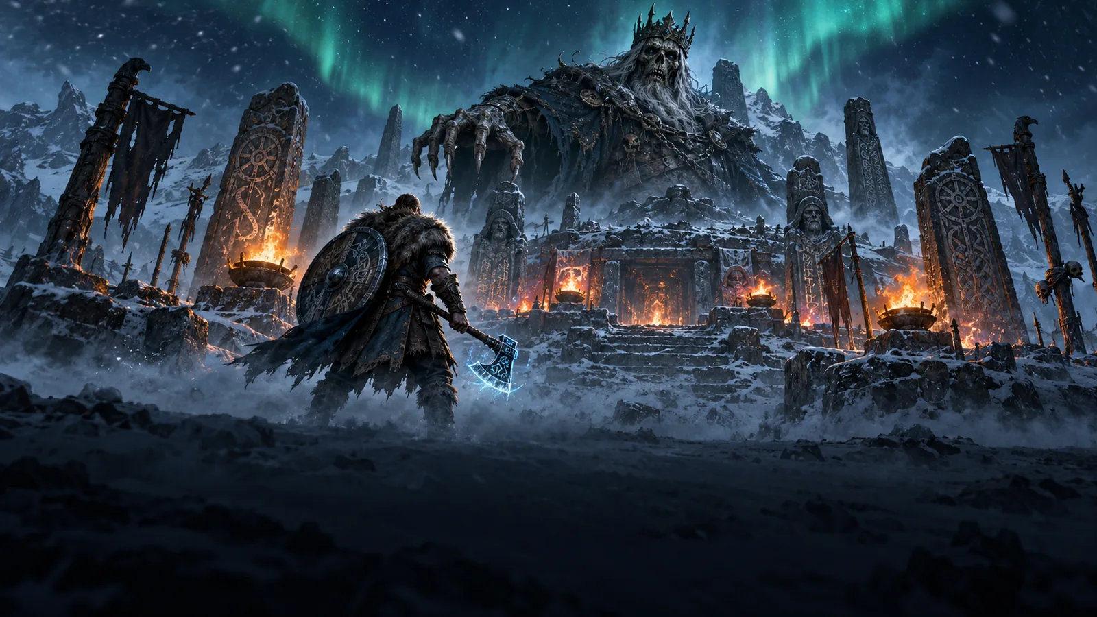 นักรบไอน์เฮอร์ยาร์ถือขวานรูนยืนหน้าสุสานโบราณใต้แสงเหนือ ภาพประกอบเกม FIMBULWINTER